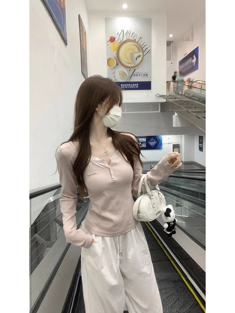 in stock real shot autumn and winter Korean pure lace stitching half open collar button slimming long sleeve T-shirt inner jacket