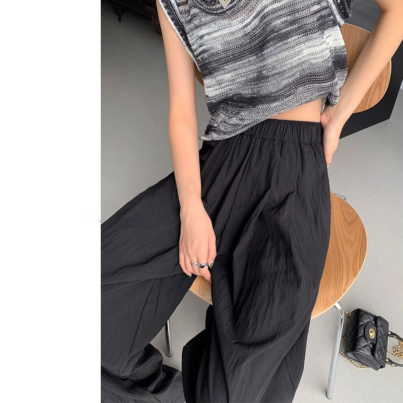 Black Ice Silk Pants Women's 2024 Summer New Thin High Waist Lazy Yamamoto Pants Cotton Linen Straight Leg Wide Leg Trendy