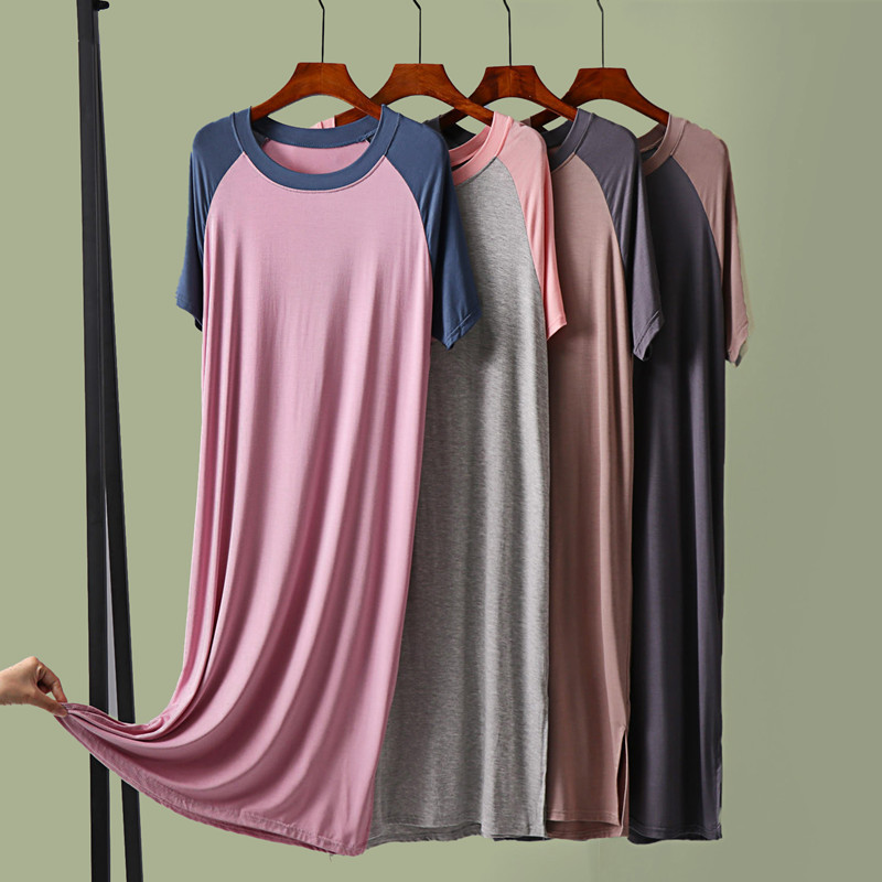 Colorblock Dress Women's Summer Round Neck Short-sleeved Nightdress Loose A- line Dress Mid-length Home Dress Large Size Base Dress
