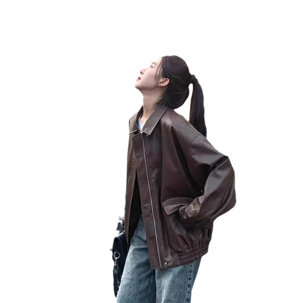 Picture of Retro Brown Leather Jacket Women's Short 2025 Autumn and Winter Small Korean Style Loose Leather Jacket Handsome Motorcycle Jacket
