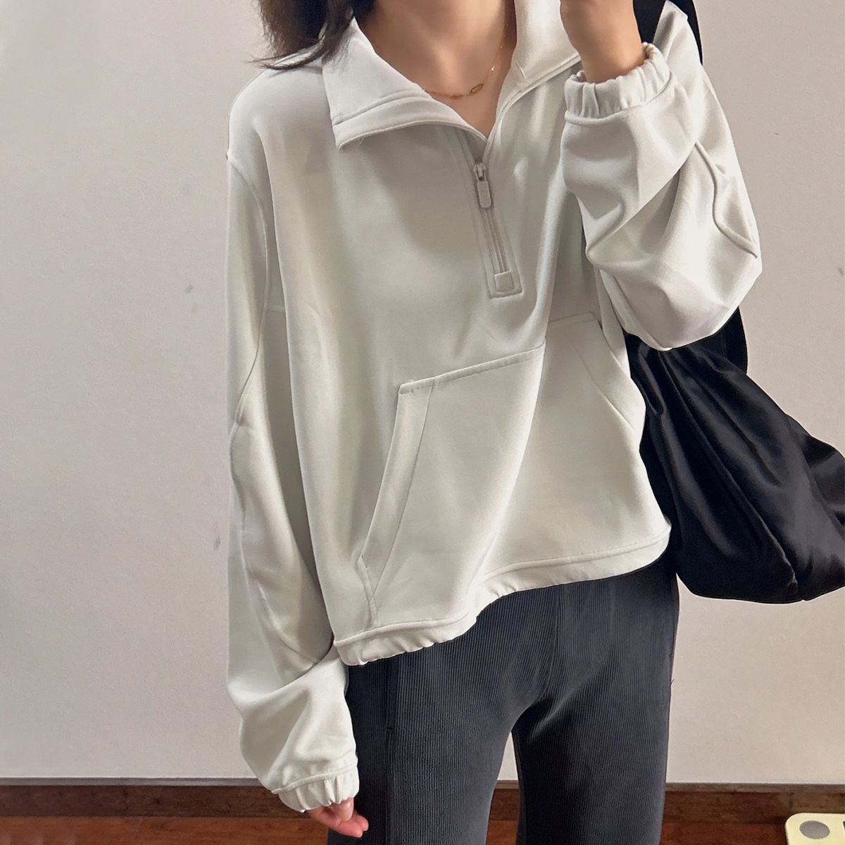 Spring and Autumn Stand-Up Collar Half-Zip Drawstring Waist Sweatshirt Women's Loose Sports Running Fitness Top Casual Jacket