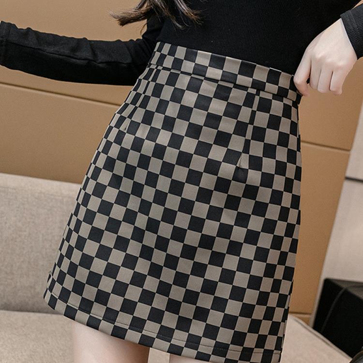 Temperament grid 23 checkerboard skirt new fat high waist A- line slim hip skirt skirt MM fashion 20 women's autumn