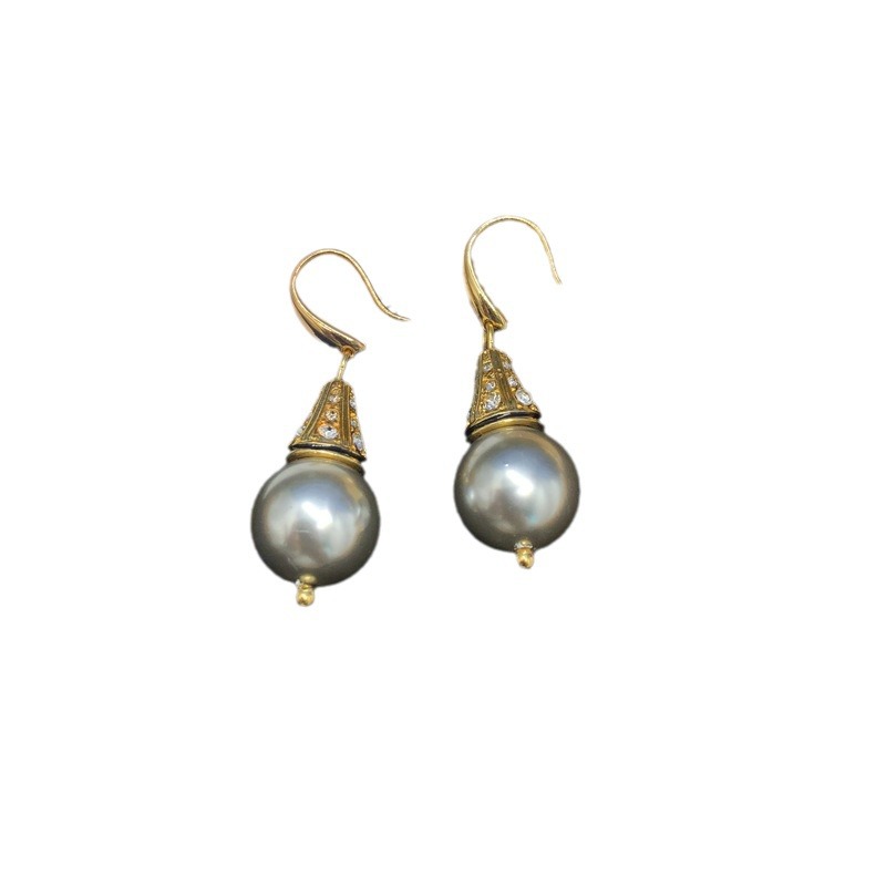 Picture of Middle Ancient Jewelry Grey Glass Pearl Necklace Earrings Set Diamond Plated Real Gold Magnetic Buckle Sweater Chain Joker