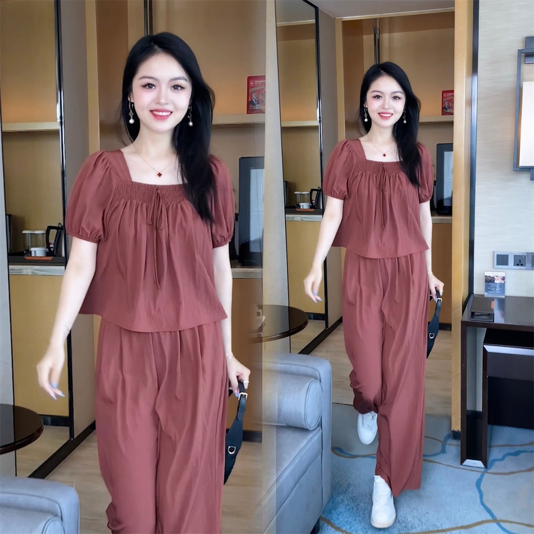 Casual temperament T-shirt and trousers two-piece women's 2023 spring and summer fashion age-reducing puff sleeve solid color top suit