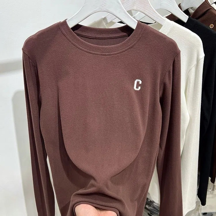 Double-sided German velvet European solid color design round neck T-shirt long sleeve autumn and winter fleece-lined warm versatile top base shirt