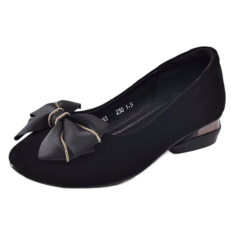 Round toe loafers women's 2023 early autumn new bow low heel shallow mouth single-layer shoes black sheepskin comfortable flat shoes
