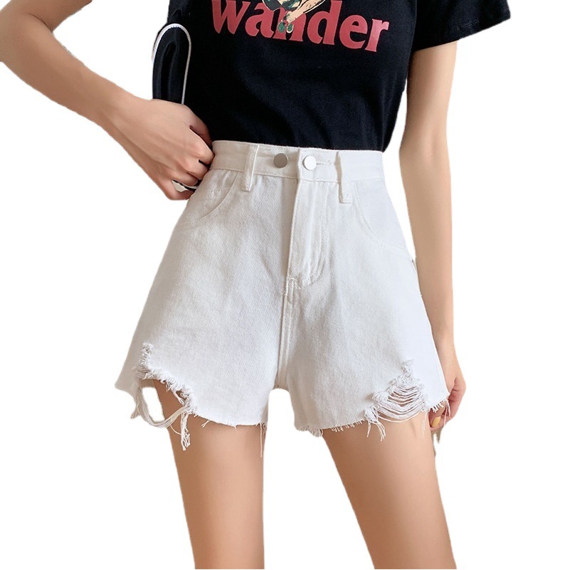 2021 Summer Ripped Denim Shorts Women's New High Waist Loose Slimming Cyber Celebrity Wide Leg A- Line Hot Trendy ins Pants