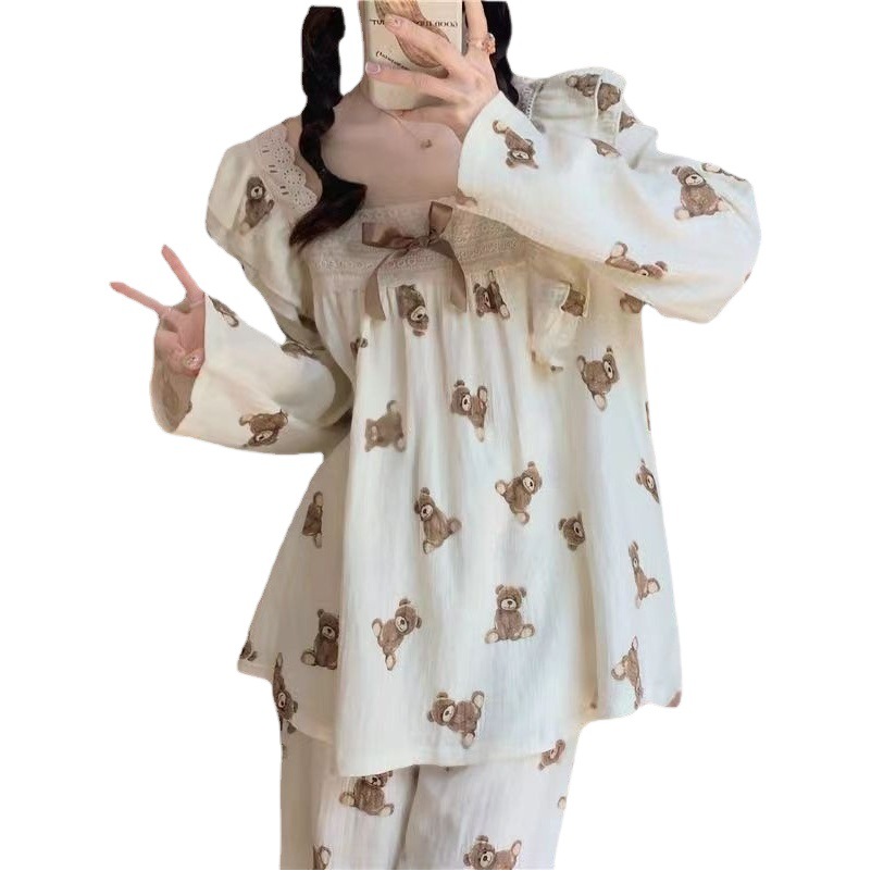 Korean Autumn Cross-border Pajamas Women's V-neck Lace Sweet Cartoon Full Print Bear Online Celebrity Foreign Trade Live Home Clothes