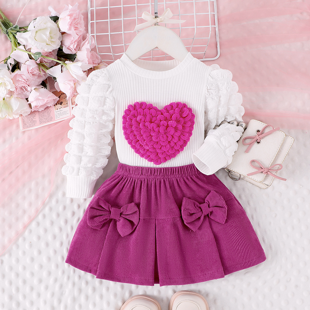 Cross-border New Children's Suit European and American Spring and Autumn Girls' Puff Sleeve Love Top Bow Short Skirt Two-piece Set