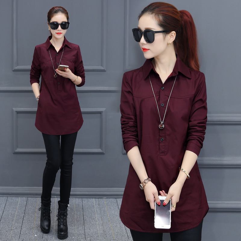 Long Sleeve solid color bottoming shirt Women's Mid-length 2020 Autumn new casual versatile Korean style slim fit slimming shirt