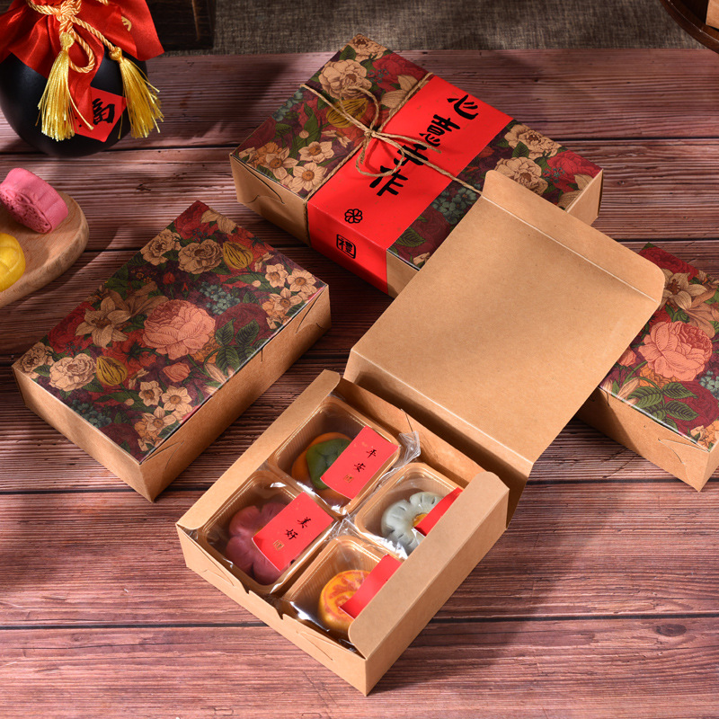 Chinese Mid-Autumn Moon Cake Packaging Box Mung Bean Cake Pastry Kraft Paper Gift Box Baking Flower Cake Vintage Gift Packaging
