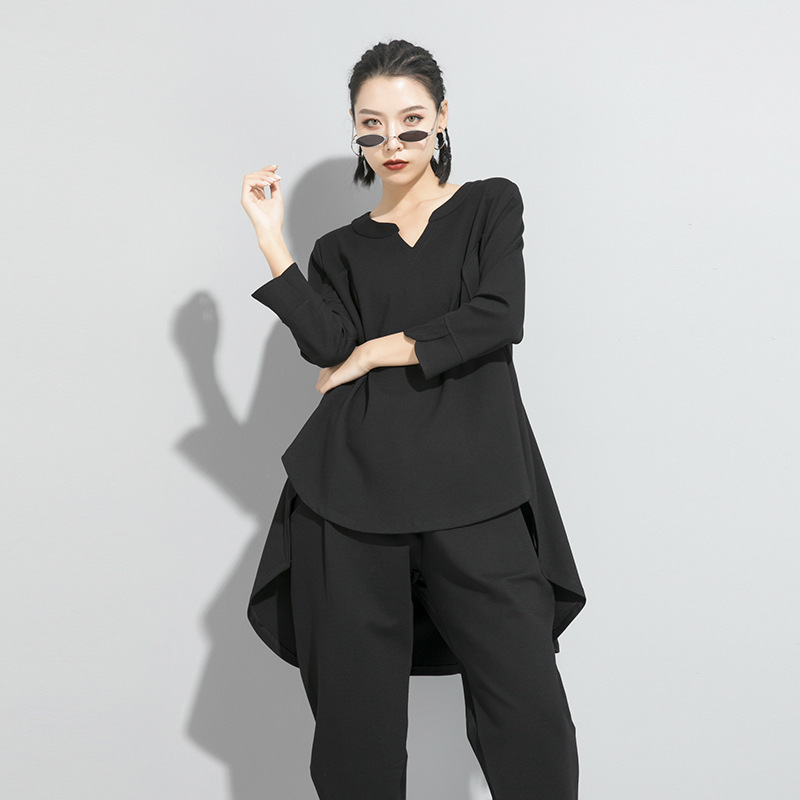 European Station Summer Short Front and Back Long Tuxedo Top 2024 New Design Sense Niche V-Neck Seven-point Sleeve Top