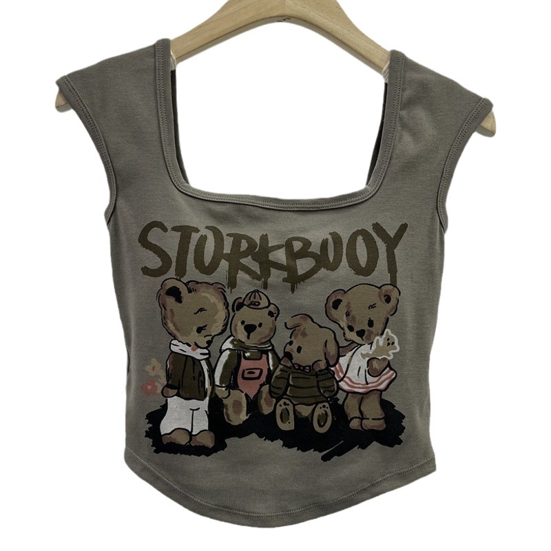 Sweet hot girl Bear cartoon printed beauty back vest with chest pad wrapped chest backless hollow out short outer wear bottoming top