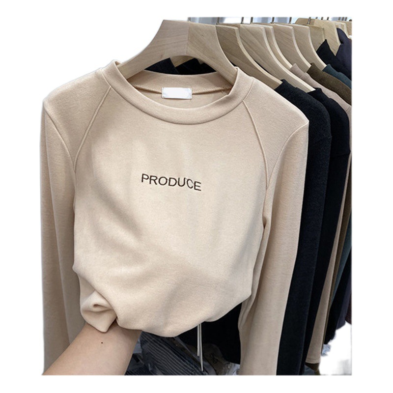 Soft and Warm Round Neck Long-Sleeved T-Shirt with Letter Embroider Brushed Bottoming Shirt for Women 2024 New Autum Style Fleece-Lined Inner Layer