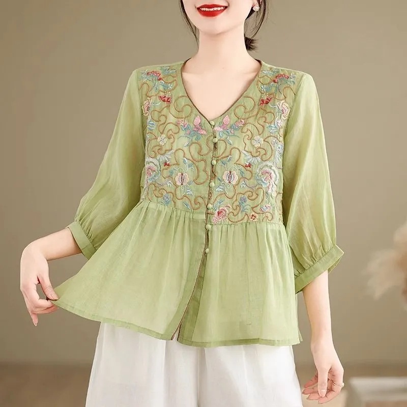 Loose Artistic Embroidered Cotton Linen Shirt New Vintage Artistic Commuter Summer Mid-Sleeve Doll Top