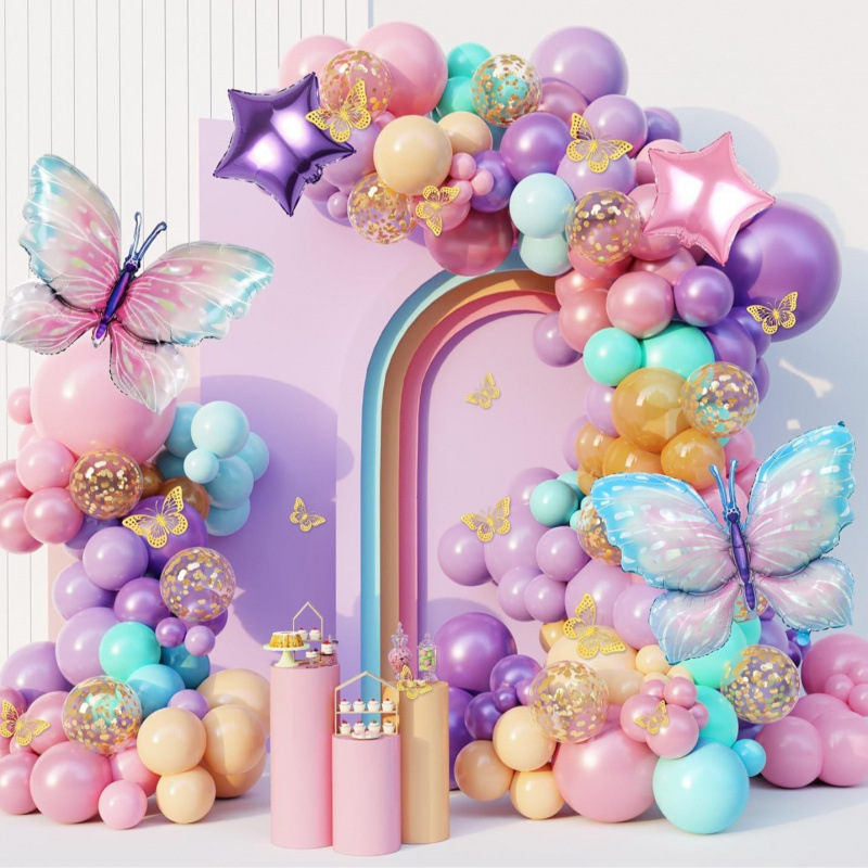 Butterfly Pink Purple Balloon Wreath Arch suit Birthday confetti Star Balloon Girl Bride Wedding Party