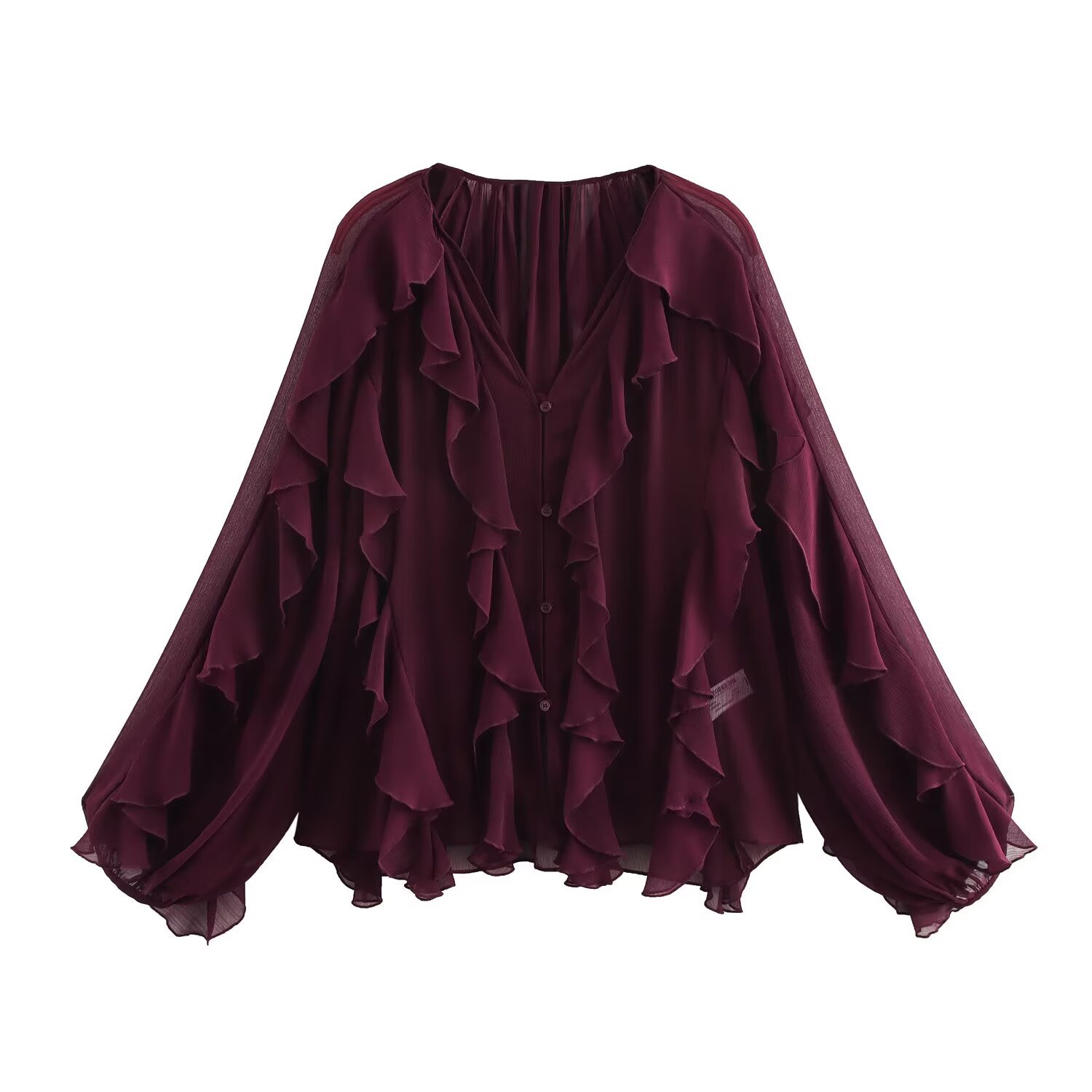 European and American Niche High-grade Laminated Decorative Shirt Fashion V-Neck Ruffled Long-sleeved Loose Shirt Women's Spring and Summer New