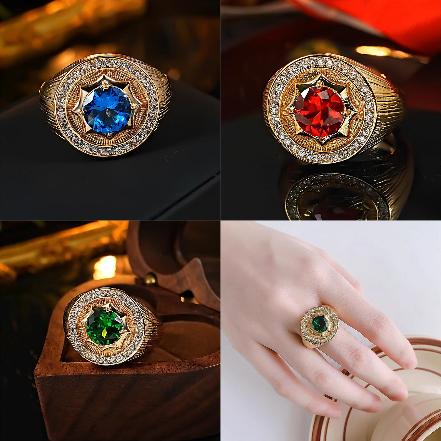 French Vintage Wire-drawing Pigeon Egg Wide Coin Ring High-end Sense Chinese Red Diamond-encrusted Luxury Court Style
