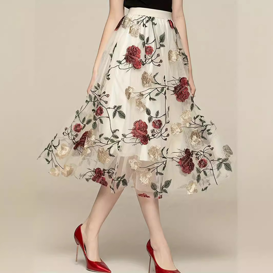 French Style Elegant Large Flower Embroidered Mesh A- Line Skirt Women's 2025 Early Spring New High Waist Slimming Large Swing Skirt