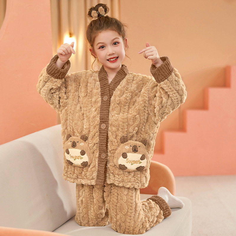 Picture of Children's Pajamas Flannel Autumn and Winter Girls' Coral Fleece Thickened Warm Style Middle and Large Children's Girls' Home Clothes suit