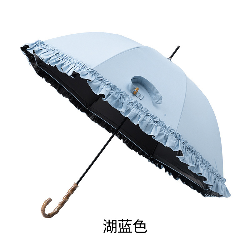 Picture of Large Lace Vinyl Sun Protection Umbrella Anti-Uv Parasol Bamboo Curved Handle Straight Umbrella Manual Sunny Umbrella Wholesale