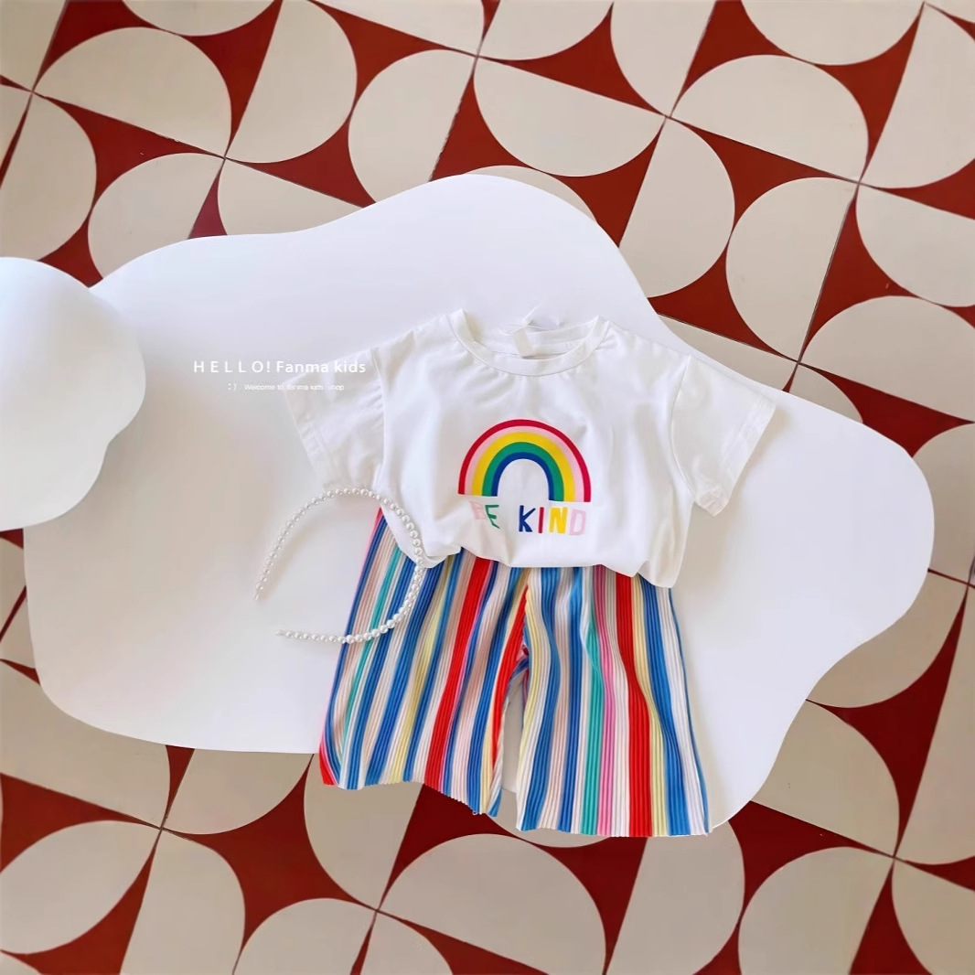 Girls' Summer suit 2024 New Korean Style Baby Girl's Rainbow Short-sleeved T-shirt Rainbow Pleated Pants Two-piece Set
