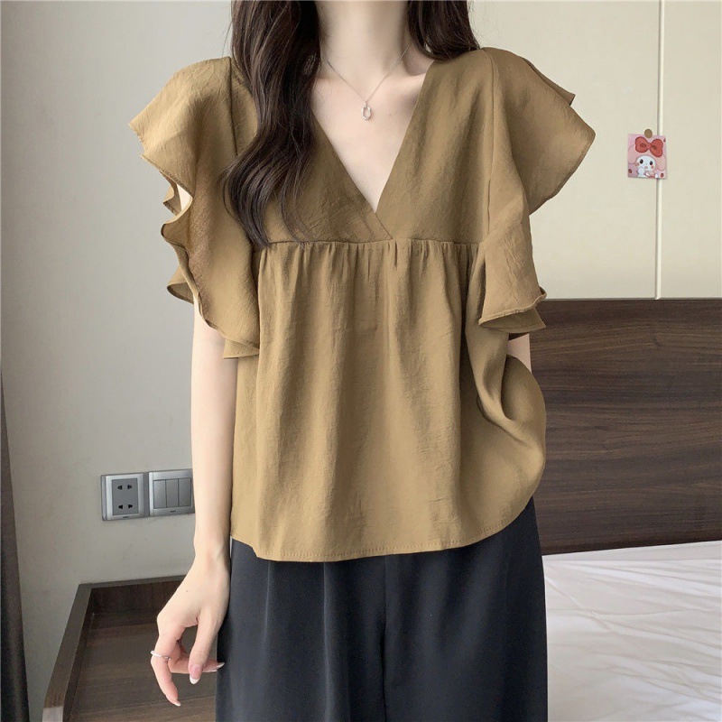 Picture of Cross-border Japanese 2022 Gentle Style Korean Style Sweet Women Flying Sleeve Shirt Top Summer V-Neck Shirt