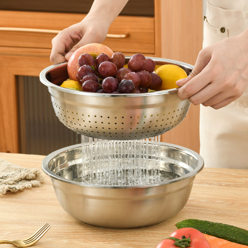 Picture of Non-magnetic thickened stainless steel dense hole multi-purpose rice washing sieve kitchen vegetable washing fruit basket non-leaking rice washing basin drain basket