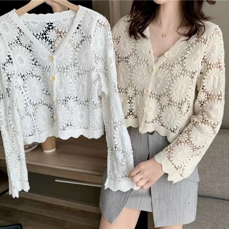 Short Long-sleeved Loose Crochet Hollow Cardigan Sweater Fashion All-match Trendy V-neck Age-reducing Jacket for Going Out