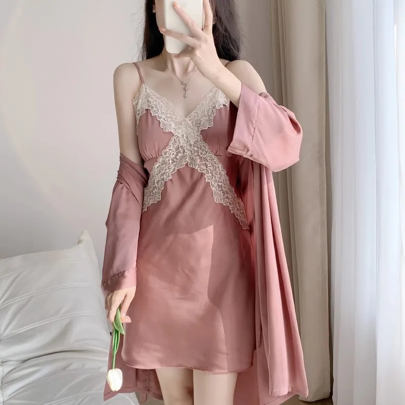 Picture of Spring and Summer Women's Pajamas, Ice Silk Thin Five-Piece Set, Sexy Camisole Nightdress, Large Size Loose Nightgown with Chest Pad, Loungewear