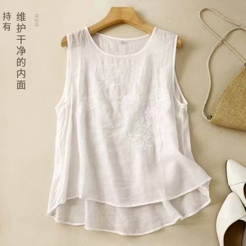 Women's Clothing Chinese Retro Chinese Style Embroidered Solid Color Vest Summer New Comfortable Loose Round Neck Sleeveless T-shirt