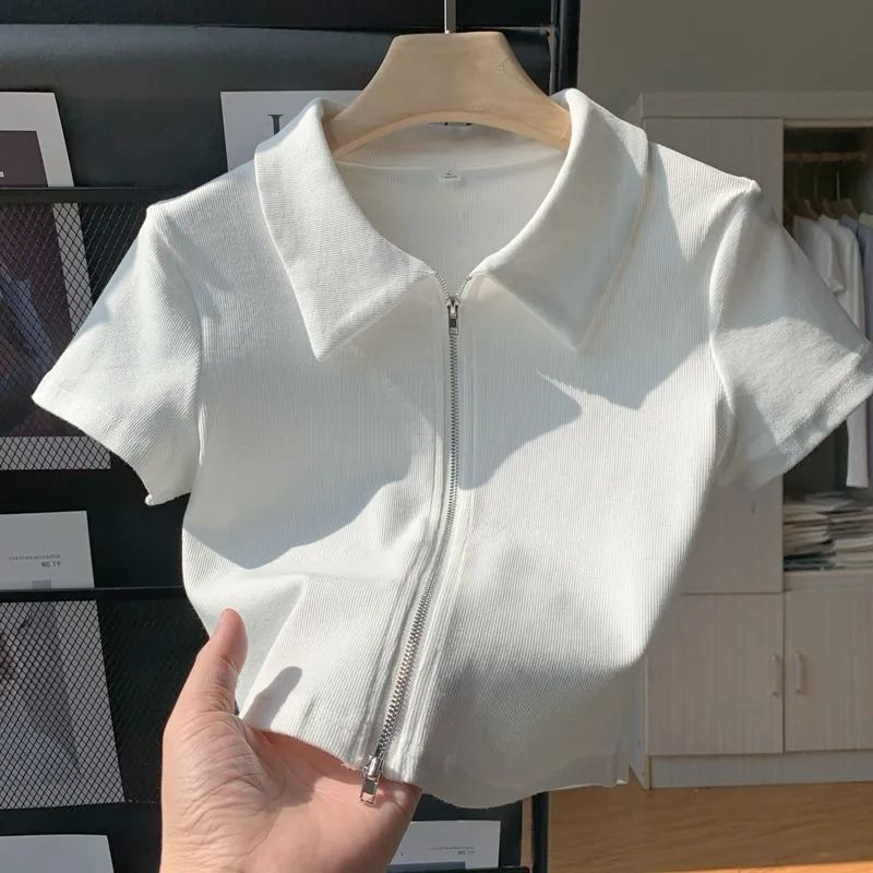 2024 New Solid Color Polo Lar Short-sleeved T-shirt Women's Summer Design Sense Double Zipper Slim-fit Short Base Shirt