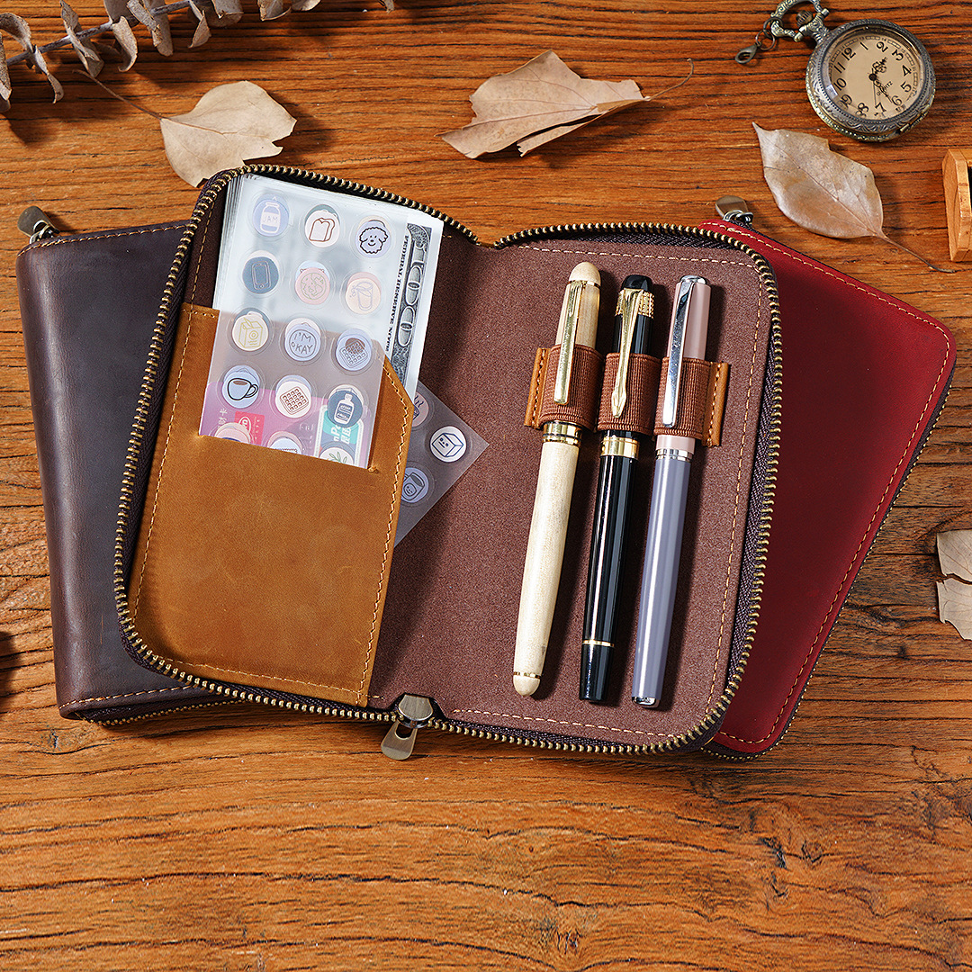 AliExpress Top Layer Cowhide Three Pack Pencil Case Zipper Pen Storage Bag Large Capacity Bill Stationery Case Pencil Case