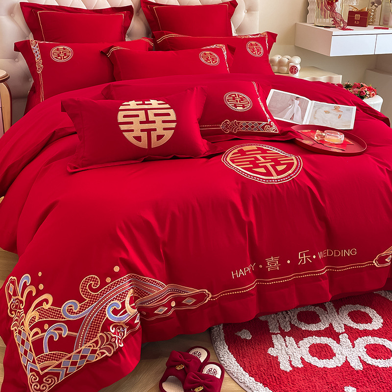 Picture of Y * J Chinese Dragon and Phoenix Embroidery Big Red Wedding Four-Piece Set Wedding Accompanying Cotton Six-Piece Bed Sheet Quilt Cover Bed
