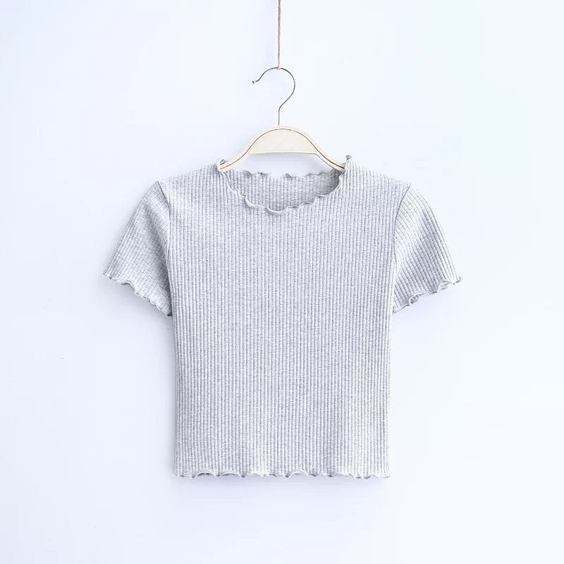 Picture of 2025 Spring and Summer New European and American Style Fashion Retro Fungus Edge Slim Short Short-Sleeved T-Shirt Tops for Women