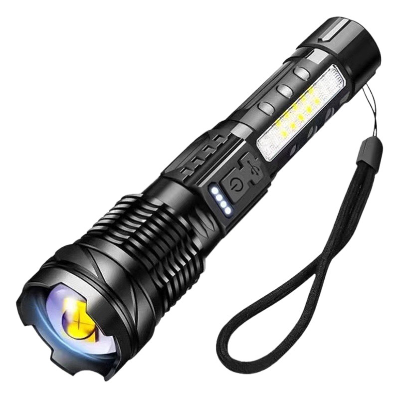 New flashlight white laser flashlight outdoor multi-function lighting usb charging with side light red and blue warning light