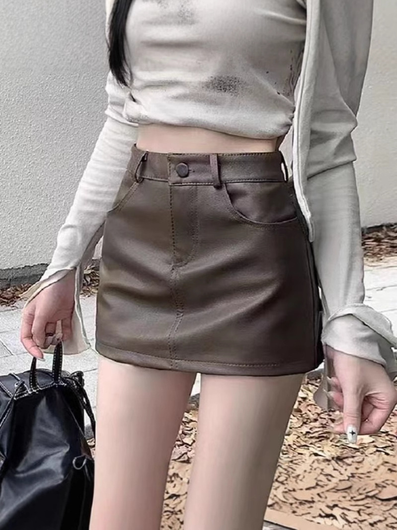 Maillard pu leather skirt women's spring 2025 new high waist brown skirt A- line hip skirt