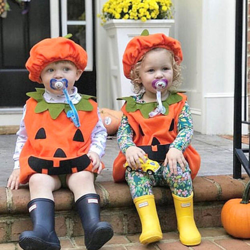 Picture of ins New Baby Halloween New Children's Wear Cute Round Neck Sleeveless Pumpkin Hatshirt Clamping Clothes with Hat