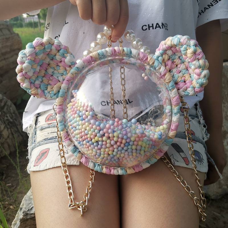 Picture of Handmade woven cloth line bear Mickey bag material bag transparent hemisphere acrylic Pearl handbag satchel