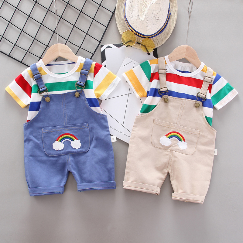 Boys and girls 2025 summer new rainbow suspenders short sleeve suit fashion children's summer fashionable baby two-piece set