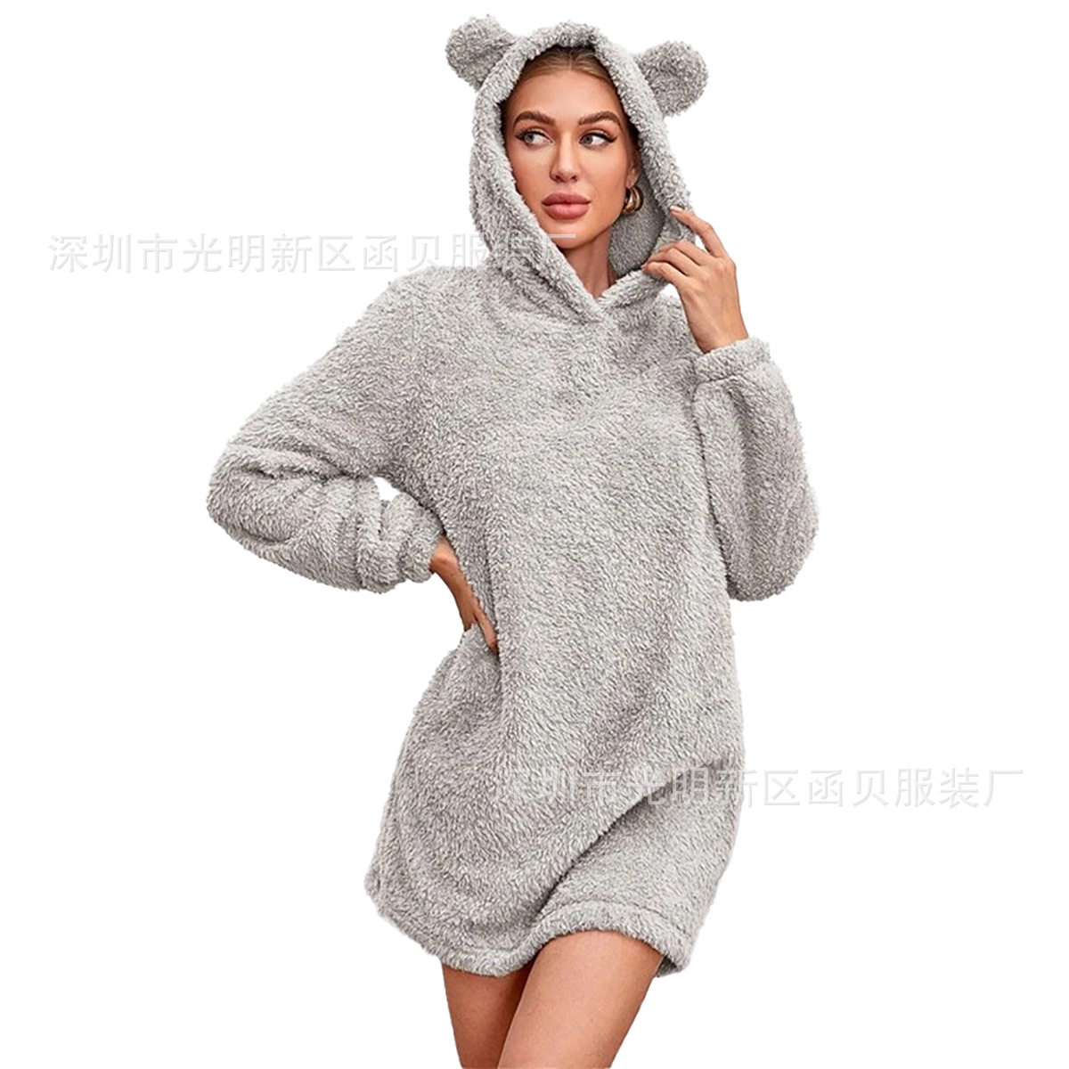 Picture of European and American Cross-border Amazon 2024 Autumn and Winter New Ear Hooded Loose Plush Long Sleeve Women's Wei Skirt Coat