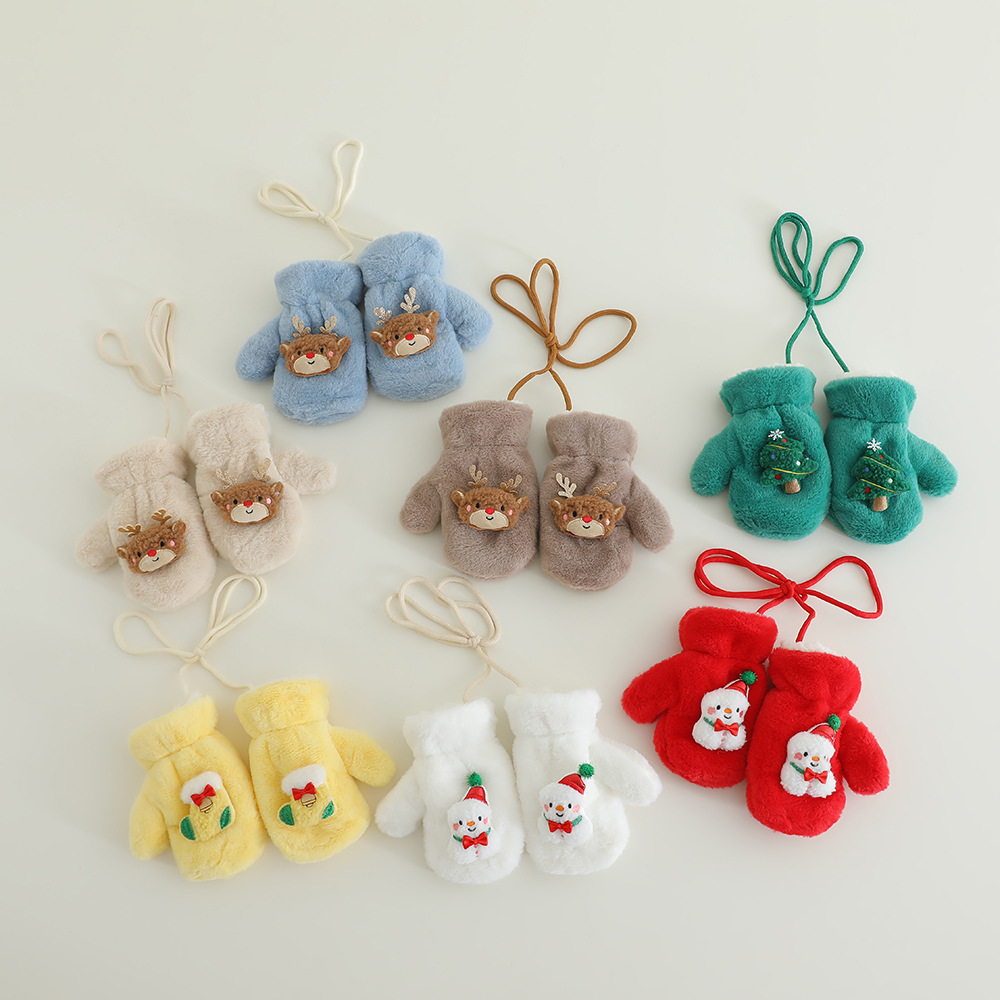 Children's Gloves Winter fleece-lined Thickened Warm Boys' and Girls' Cute Super Cute Neck Baby Finger Christmas Autumn and Winter