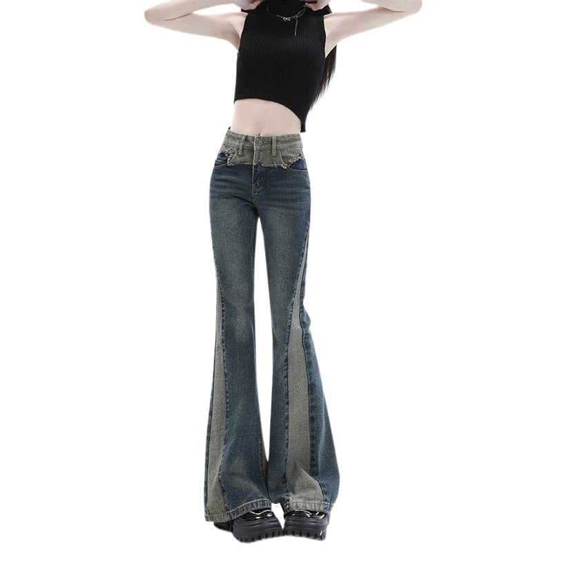 Retro mopping skinny jeans Women's Spring and Autumn high waist contrast color stitching nostalgic slim slimming horseshoe flared trousers