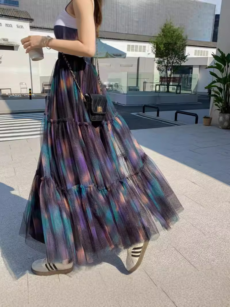Niche Design Skirt Women's Spring and Summer 2024 Mesh National Style Mid-length High Waist Large Swing Slimming Solid Color Long Skirt