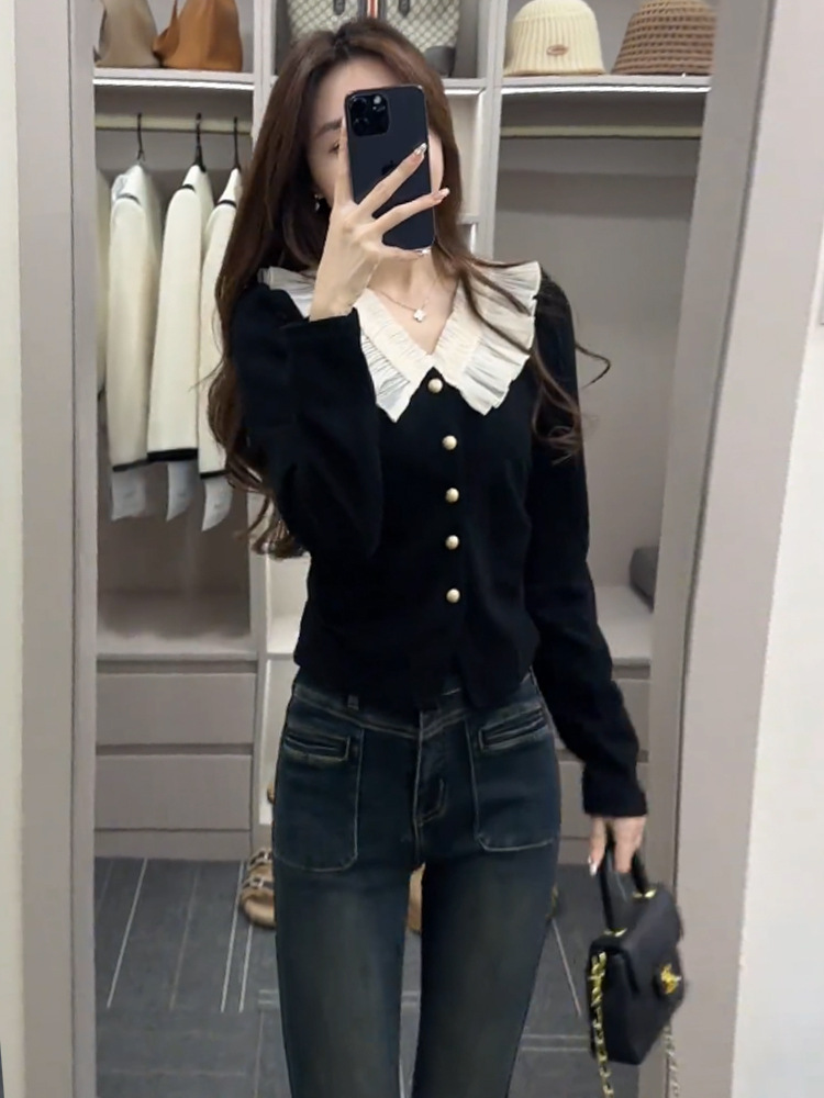 French style retro doll collar puff sleeve top women's niche design sense Autumn New undershirt