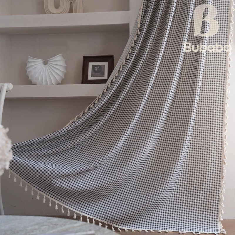 Picture of Flying cat cross-border new curtain plaid printed kitchen curtain beige tassel semi-shading decorative curtain factory wholesale