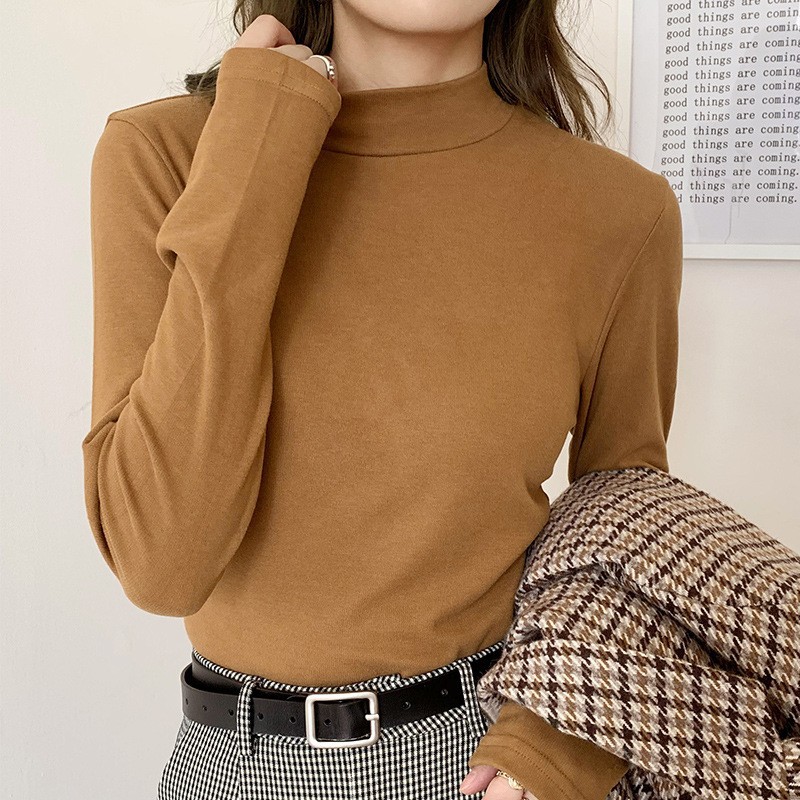 Double-Sided Velvet Mock Collar Base Shirt Women's Autumn and Winter Solid Color Fleece-Lined Thickened Brushed Slim-Fit Long-Sleeved Top