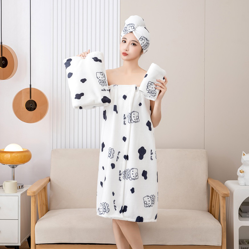 Thickened Kitten Four-piece Set Absorbent Soft Towel suit Wearing Wrap Bath Skirt Home Bath Towel Cartoon Shower Cap