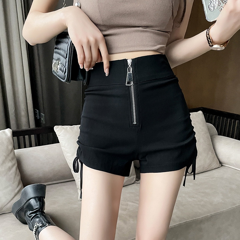 Black drawstring shorts women's summer 2024 new design hot pants zipper high waist slim casual pants