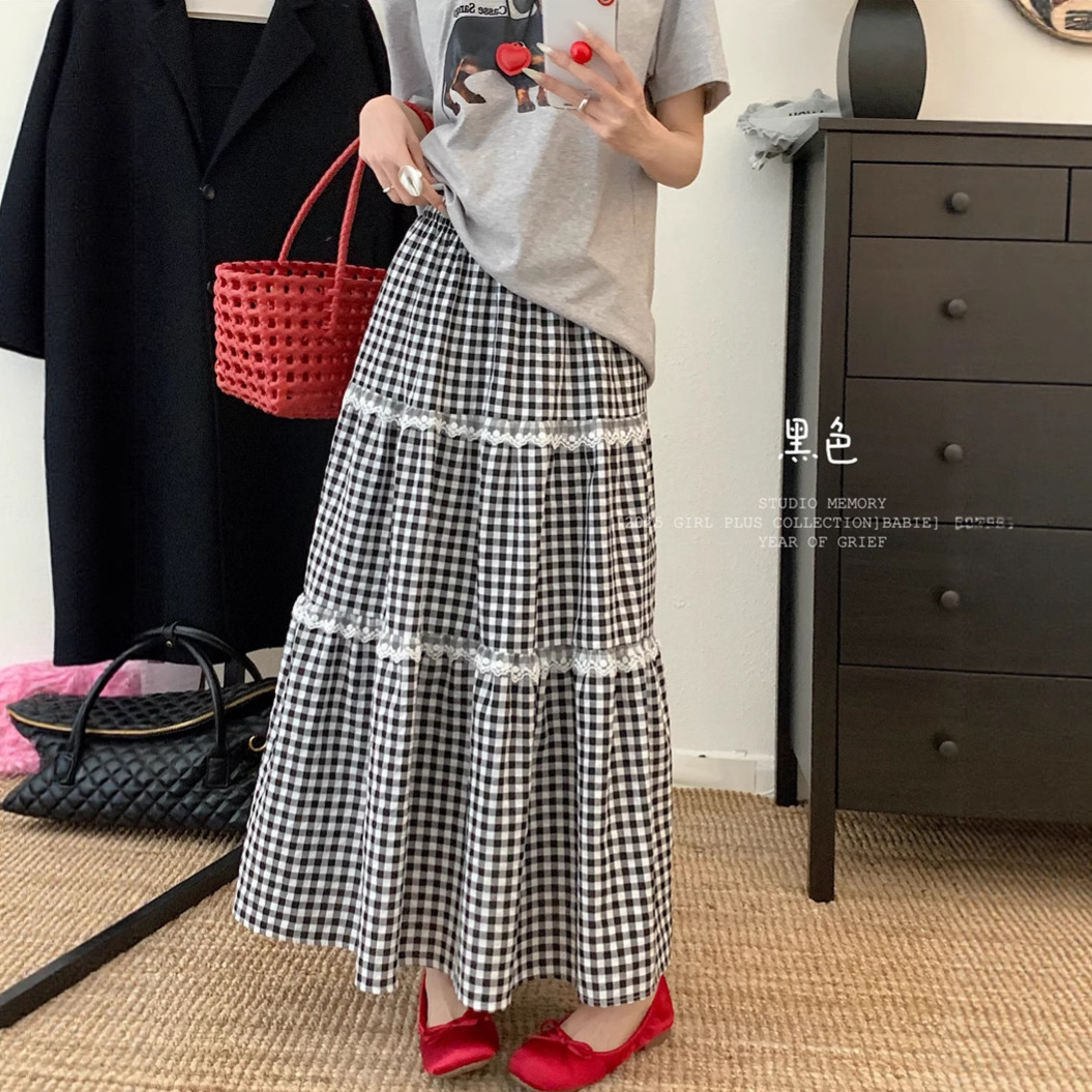 Cake Skirt Petite New High-Waisted A-Line 2025 Plaid Half Skirt Women's Summer Puffy Long Blue